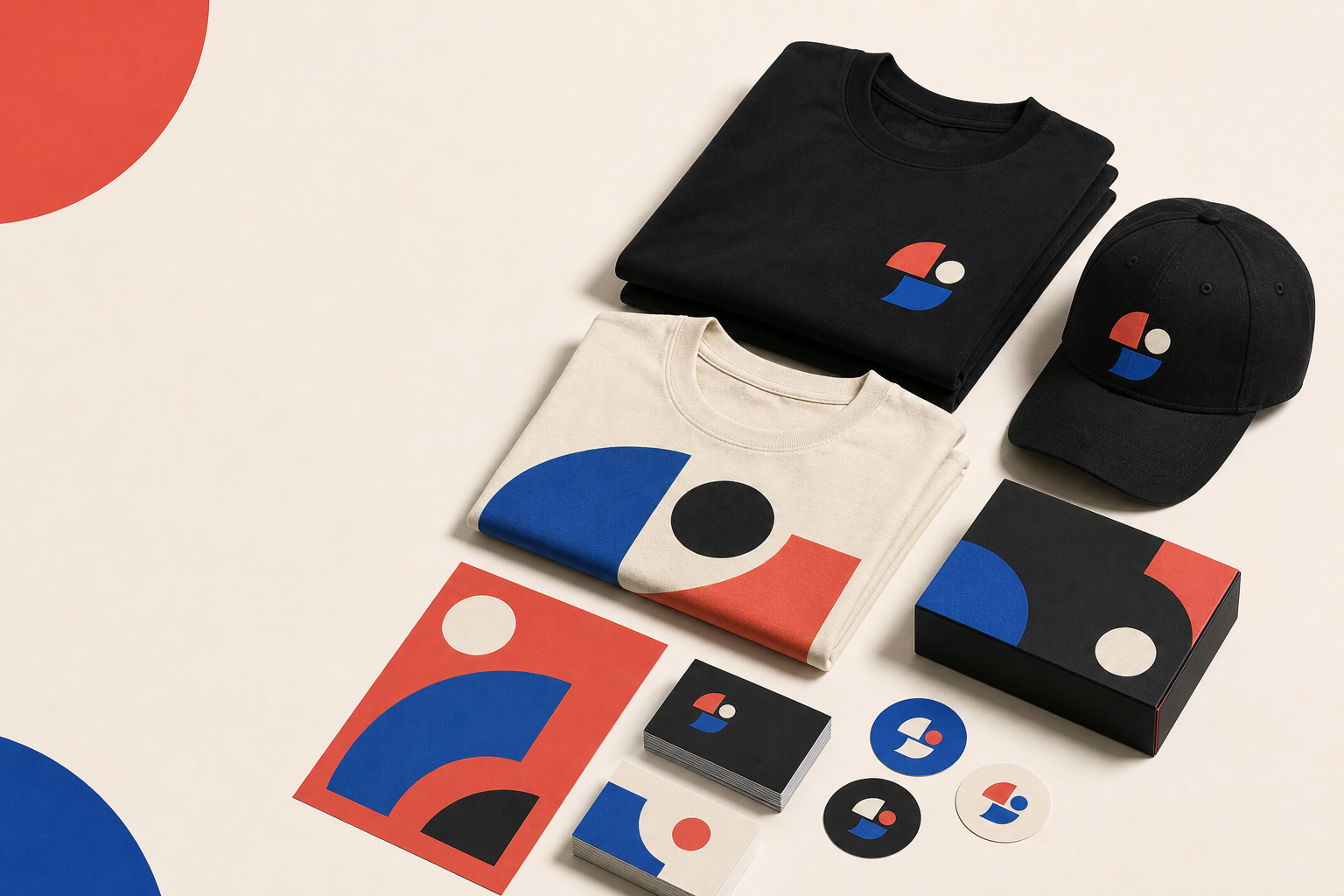 A coordinated collection of branded apparel, business cards, flyers, stickers and packaging